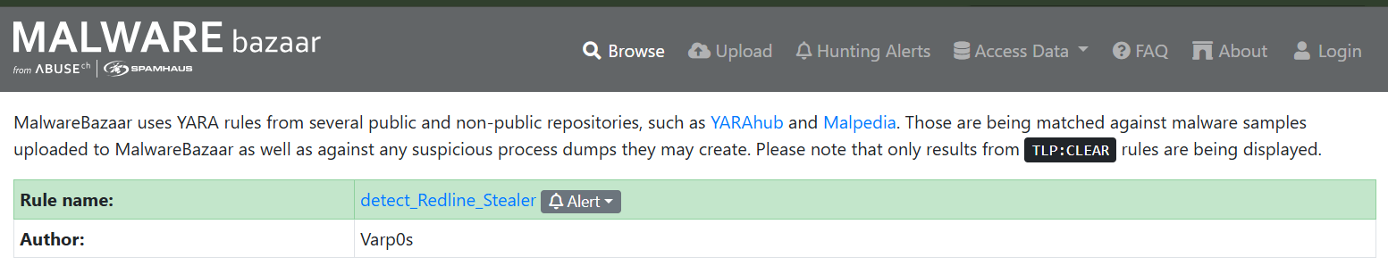 MalwareBazaar YARA rules panel for the RedLine sample. Shows Rule name: detect_Redline_Stealer with an Alert notification subscription button. Author: Varp0s.